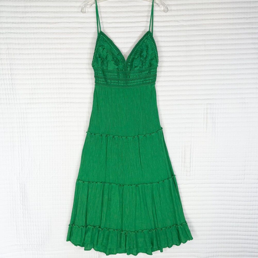 Love Tree Green Gauzy Tiered Dress Size L Maxi V Neck Semi Open Back Tie Knot
